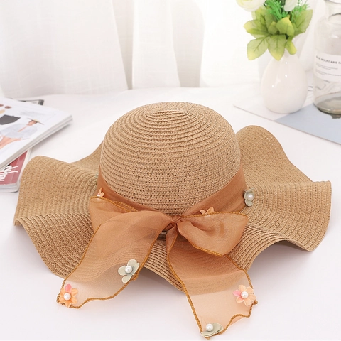 Sombrero de Sol de Paja de Ala Ancha Ondulada para Mujer Con Lazo Perla Artificial Decoración de Flores Plegable Playa de Verano Elegante Sombrero de Vacaciones