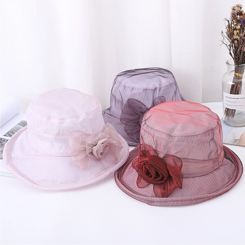 Women Elegant Organza Mesh Sun Hat Floral Foldable Wide Brim Summer Beach Bucket Hat Dress Hat For Party Wedding Mother Gift