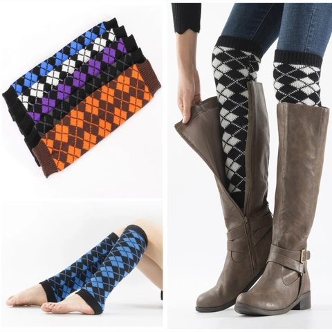 Women Knitted Leg Warmers Argyle Pattern Warm Boot Cuffs Thick Acrylic Crochet Long Socks For Autumn Winter Outdoor