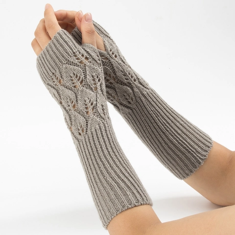 Knitted Long Fingerless Arm Warmers For Women Crochet Leaf Hollow Out Mittens Winter Warm Acrylic Sleeves Wrist Warmer