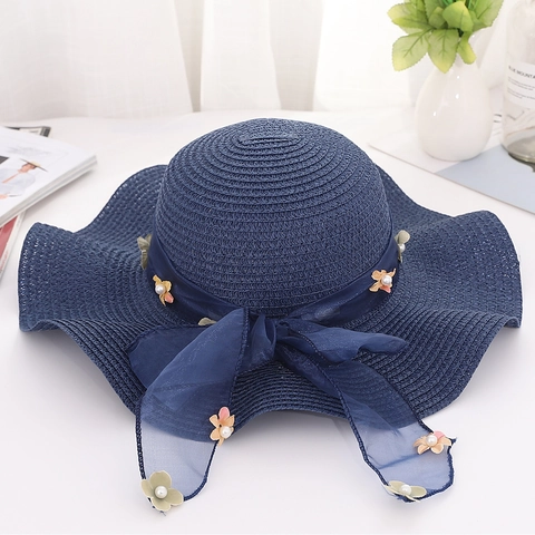 Sombrero de Sol de Paja de Ala Ancha Ondulada para Mujer Con Lazo Perla Artificial Decoración de Flores Plegable Playa de Verano Elegante Sombrero de Vacaciones
