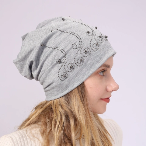 Women Slouchy Beanie Rhinestone Pearl Flower Pattern Cotton Blend Skullcap Casual Breathable Winter Warm Hat For Daily Wear
