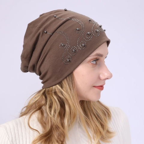 Women Slouchy Beanie Rhinestone Pearl Flower Pattern Cotton Blend Skullcap Casual Breathable Winter Warm Hat For Daily Wear