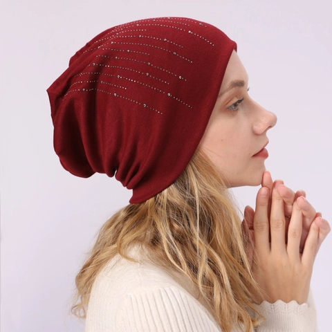 Women Slouchy Beanie Hat Cotton Blend Rhinestone Studded Double Layer Warm Knit Skull Cap Casual Fashion Headwear