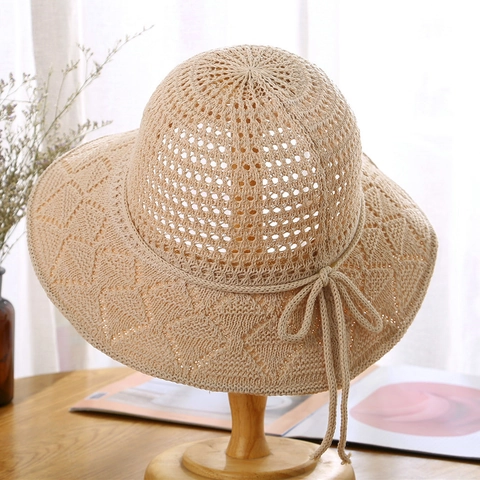 Women Foldable Hollow Crochet Cotton Sun Hat Wide Brim Knit Bucket Hat With Bow Beach Sun Protection Summer Travel Hat