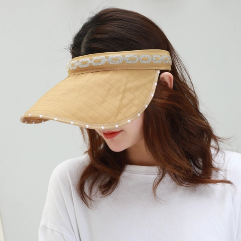 Foldable 2-In-1 Women Sun Visor Empty Top Hat With Chain Pattern Polka Dot Large Brim Polyester Beach Summer UV Protection Headband Hat