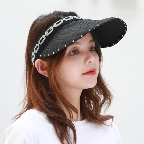 Foldable 2-In-1 Women Sun Visor Empty Top Hat With Chain Pattern Polka Dot Large Brim Polyester Beach Summer UV Protection Headband Hat