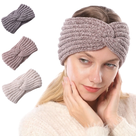 Damen Winter Strick Stirnband Weich Chenille Warm Dick Twist Knoten Ohrenschützer Elastisches Haarband Kopfschmuck