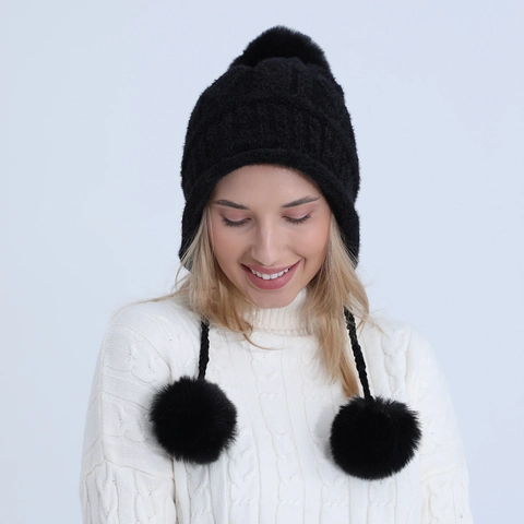Women Winter Acrylic Cable Knitted Earflap Beanie Hat With Faux Fur Pompoms Solid Color Warm Outdoor Cute