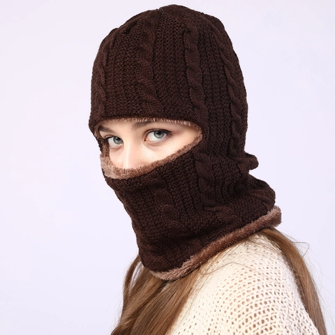 Winter Warm Cable Knit Balaclava Hat Fleece Lined Neck Warmer Windproof Integrated Hooded Scarf Integrated Beanie For Outdoor