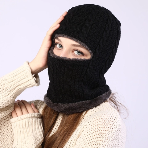 Winter Warm Cable Knit Balaclava Hat Fleece Lined Neck Warmer Windproof Integrated Hooded Scarf Integrated Beanie For Outdoor