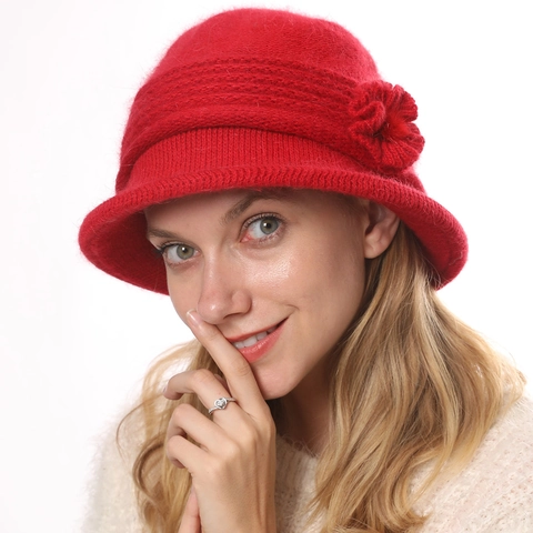 Women Winter Thick Warm Knitted Cloche Hat With Flower Elegant Faux Rabbit Fur Acrylic Double Layer Beanie Bucket Hat