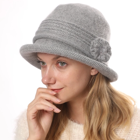 Women Winter Thick Warm Knitted Cloche Hat With Flower Elegant Faux Rabbit Fur Acrylic Double Layer Beanie Bucket Hat