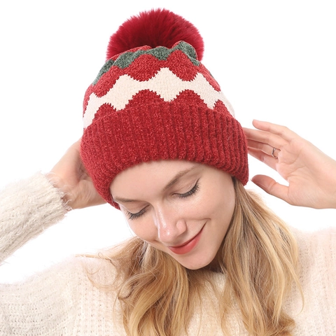Women Winter Thick Warm Chenille Knitted Beanie Hat With Large Faux Fur Pom Pom Wave Pattern Crochet Soft Skull Cap For Outdoor