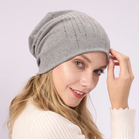 Women Slouchy Beanie Hat Cotton Blend Rhinestone Studded Double Layer Warm Knit Skull Cap Casual Fashion Headwear