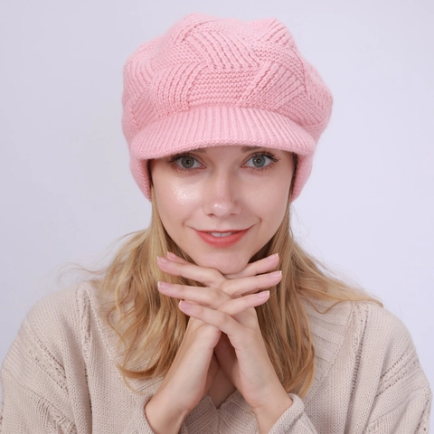 Women's Winter Knit Newsboy Cap With Brim Faux Rabbit Fur Warm Beanie Hat Autumn Winter Fashion Accessories Soft Comfortable