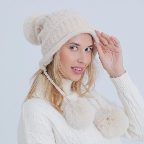 Women Winter Acrylic Cable Knitted Earflap Beanie Hat With Faux Fur Pompoms Solid Color Warm Outdoor Cute