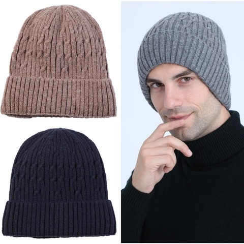 Men's Winter Cable Knit Beanie Fleece Lined Warm Thick Skull Cap Acrylic Jacquard Outdoor Cycling Hat Solid Color Beanie