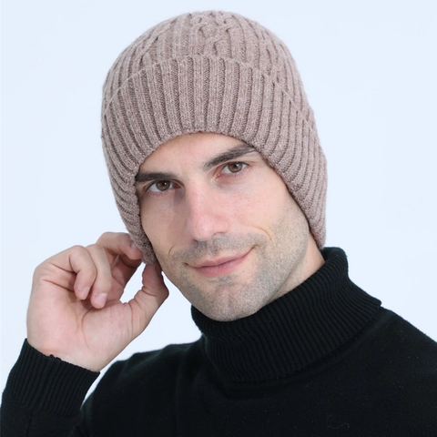 Men's Winter Cable Knit Beanie Fleece Lined Warm Thick Skull Cap Acrylic Jacquard Outdoor Cycling Hat Solid Color Beanie
