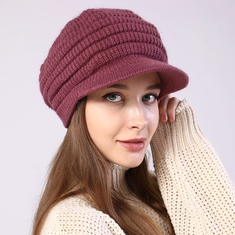 Women Striped Knit Visor Beanie Hat Warm Thick Winter Newsboy Cap Acrylic Faux Rabbit Hair Blend Fashion Knitted Hat