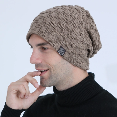 Men Winter Warm Acrylic Knit Beanie Hat With Waffle Texture And Cloth Label Outdoor Riding Windproof Skull Cap Thermal Headwear