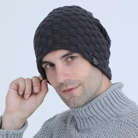 Men Winter Warm Acrylic Knit Beanie Hat With Waffle Texture And Cloth Label Outdoor Riding Windproof Skull Cap Thermal Headwear
