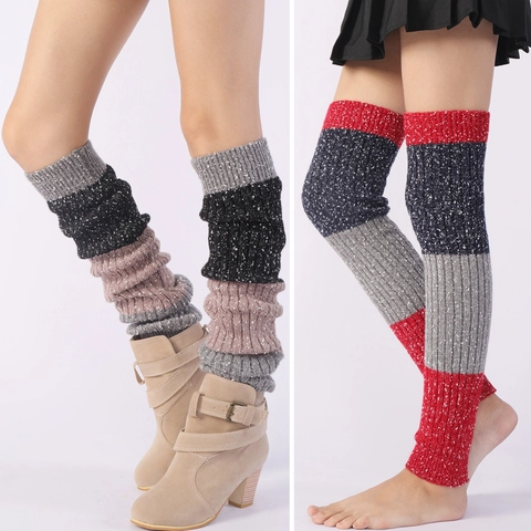 Damen Patchwork Strickstulpen Dicke Kaschmirmischung Gestreifte Lange Stiefelsocken Winter Warm Überknie Yoga Beinstulpen
