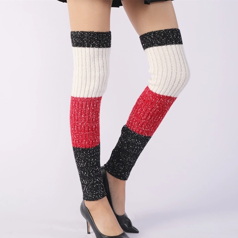 Damen Patchwork Strickstulpen Dicke Kaschmirmischung Gestreifte Lange Stiefelsocken Winter Warm Überknie Yoga Beinstulpen