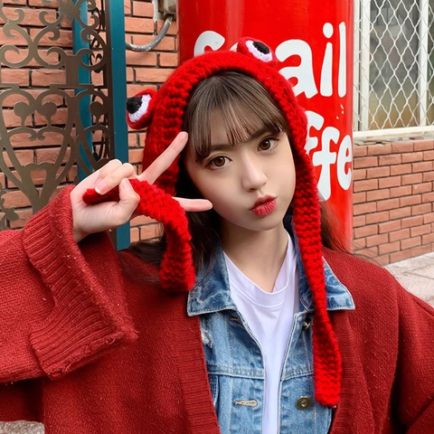 Cute Frog Knitted Balaclava Hat Big Eyes Winter Warm Ear Flap Beanie Ties Crochet Animal Cap For Women Girls Fashion Accessory