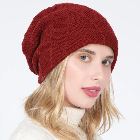 Winter Knit Beanie Hat Slouchy Acrylic Diamond Pattern Warm Fleece Lined Skull Cap For Men Women Casual Outdoor Daily Gift