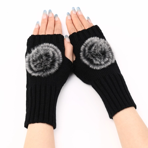 Women Winter Knitted Fingerless Gloves Warm Acrylic Mitten With Faux Fur Pom Pom Autumn Outdoor Solid Color Wrist Warmer