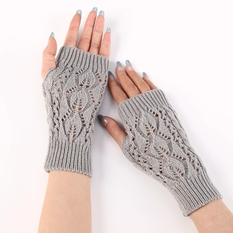 Hollow Out Leaf Pattern Knit Fingerless Gloves For Women Autumn Winter Warm Crochet Arm Warmers Soft Acrylic Mittens