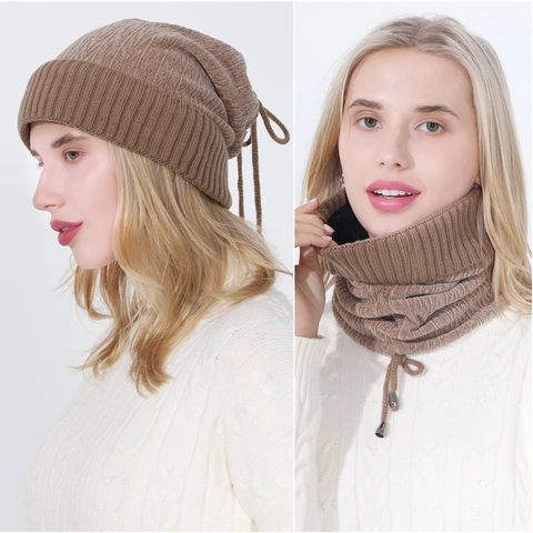 Women Winter Chenille Knitted Beanie Hat And Neck Warmer Set Fleece Lined Warm Slouchy Cap With Drawstring For Outdoors