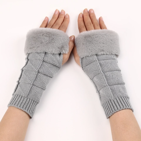 Women Knitted Fingerless Gloves Waffle Triangle Pattern Faux Fur Trim Autumn Winter Warm Soft Elastic Fashion Mittens