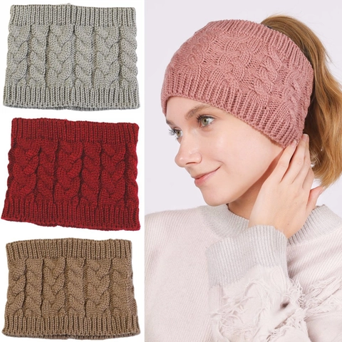 Kabelgebreide Paardenstaart Beanie Hoofdband Voor Vrouwen Winter Warm Acryl Gehaakte Messy Bun Hoed Oorwarmer Gebreide Headwrap