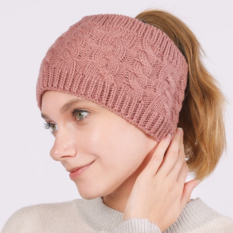 Kabelgebreide Paardenstaart Beanie Hoofdband Voor Vrouwen Winter Warm Acryl Gehaakte Messy Bun Hoed Oorwarmer Gebreide Headwrap