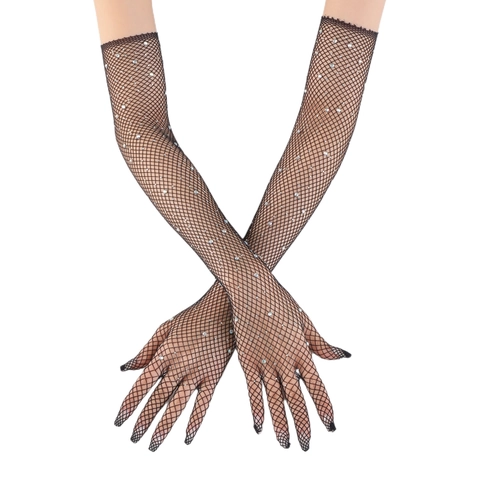 Women's Sexy Long Fishnet Gloves With Rhinestones Elastic Mesh Arm Sleeves For Nightclub Dance Party Performance Evening Dress Accessories