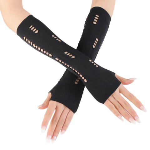 Unisex Punk Ripped Fingerless Gloves Gothic Hollow Out Black Arm Sleeves Summer Sunscreen Distressed Knitted Fashion Jewelry