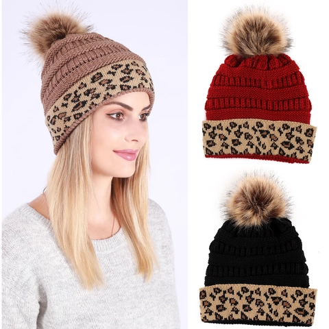 Women Winter Knitted Beanie Hat Thick Warm Acrylic Cap With Faux Fur Pom-Pom Leopard Print Rolled Edge Fashion Outdoor Hat