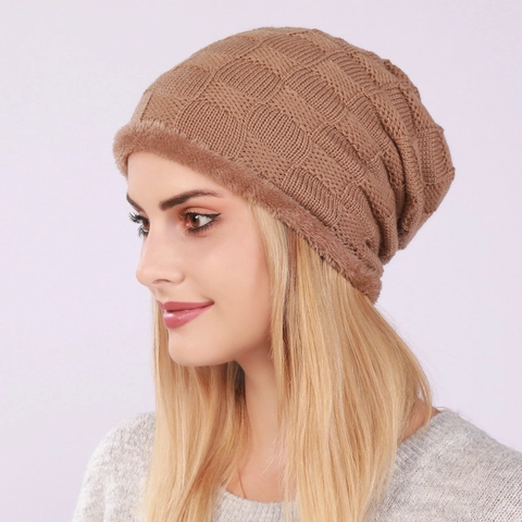 Berretto Invernale a Maglia Calda Unisex Fodera in Pile Peluche Spessa Motivo a Quadri Waffle Cappello Slouchy Protezione dal Freddo