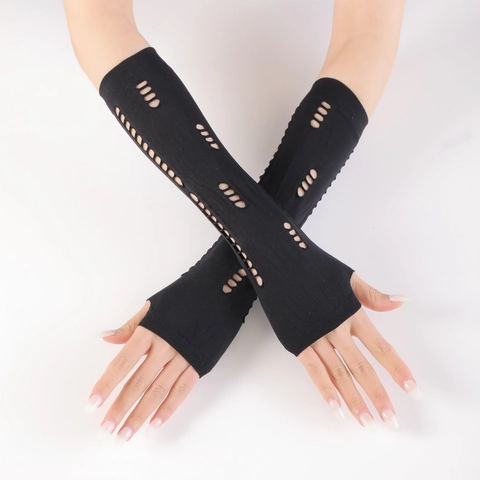 Unisex Punk Ripped Fingerless Gloves Gothic Hollow Out Black Arm Sleeves Summer Sunscreen Distressed Knitted Fashion Jewelry