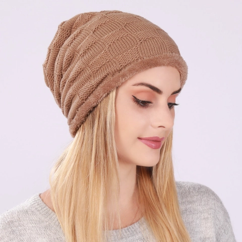 Berretto Invernale a Maglia Calda Unisex Fodera in Pile Peluche Spessa Motivo a Quadri Waffle Cappello Slouchy Protezione dal Freddo