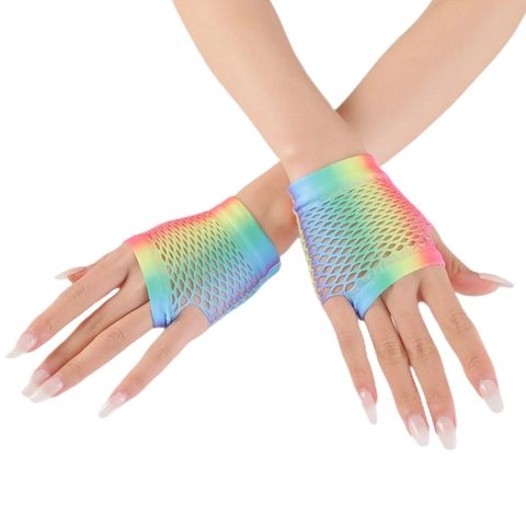 Women's Rainbow Gradient Fishnet Gloves Fingerless Mesh Gloves For Rave Party Nightclub Hollow Out Polyester Dress Up Gloves