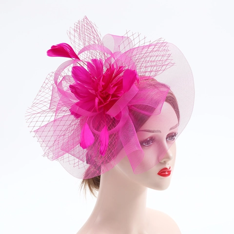 Fascinator en Maille Vintage Élégant Avec Voile Fleur en Plumes Pour Mariage Fête Banquet Accessoire de Cheveux Retro Femme