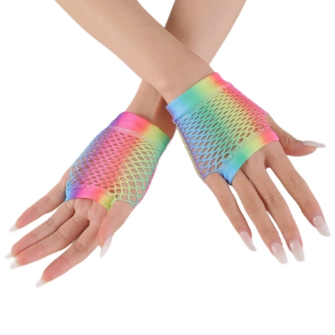 Women's Rainbow Gradient Fishnet Gloves Fingerless Mesh Gloves For Rave Party Nightclub Hollow Out Polyester Dress Up Gloves