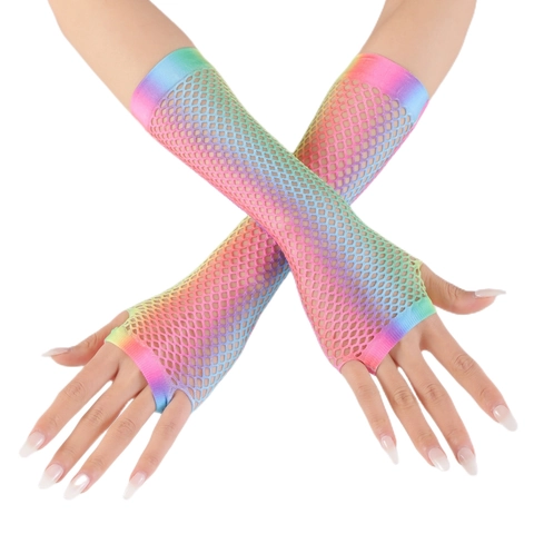 Women Rainbow Gradient Fishnet Fingerless Gloves Sexy Mesh Long Arm Warmers For Punk Y2K Nightclub Party Sun Protection Mittens