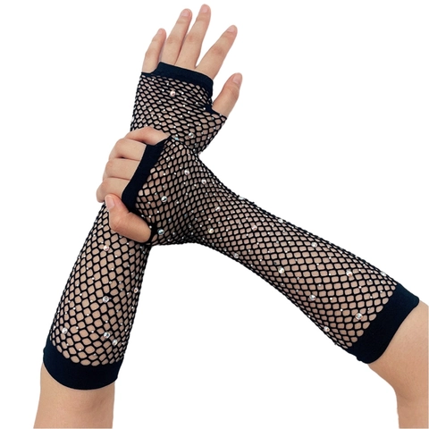 Rhinestone Fishnet Gloves Long Fingerless Mesh Arm Sleeves Sparkly Elastic Party Clubwear Accessories For Women
