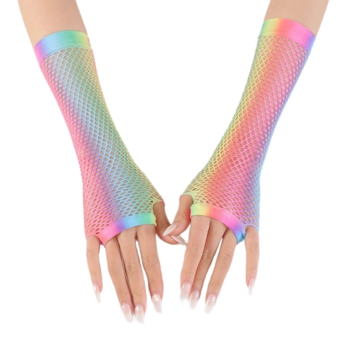 Women Rainbow Gradient Fishnet Fingerless Gloves Sexy Mesh Long Arm Warmers For Punk Y2K Nightclub Party Sun Protection Mittens