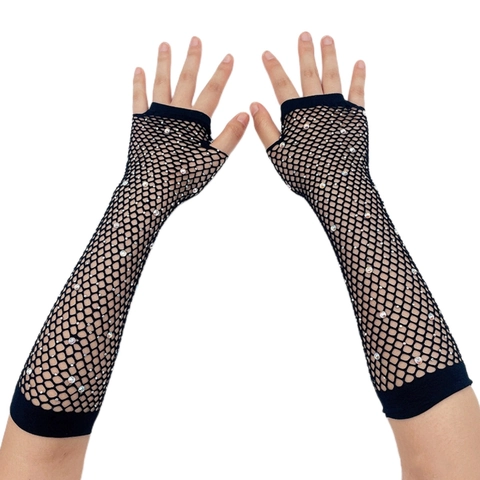 Rhinestone Fishnet Gloves Long Fingerless Mesh Arm Sleeves Sparkly Elastic Party Clubwear Accessories For Women