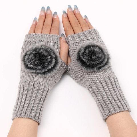 Women Winter Knitted Fingerless Gloves Warm Acrylic Mitten With Faux Fur Pom Pom Autumn Outdoor Solid Color Wrist Warmer